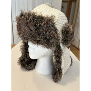 Dakota Dan Nordic Knit Trapper Hat with Faux Fur – White Winter Aviator Cap
